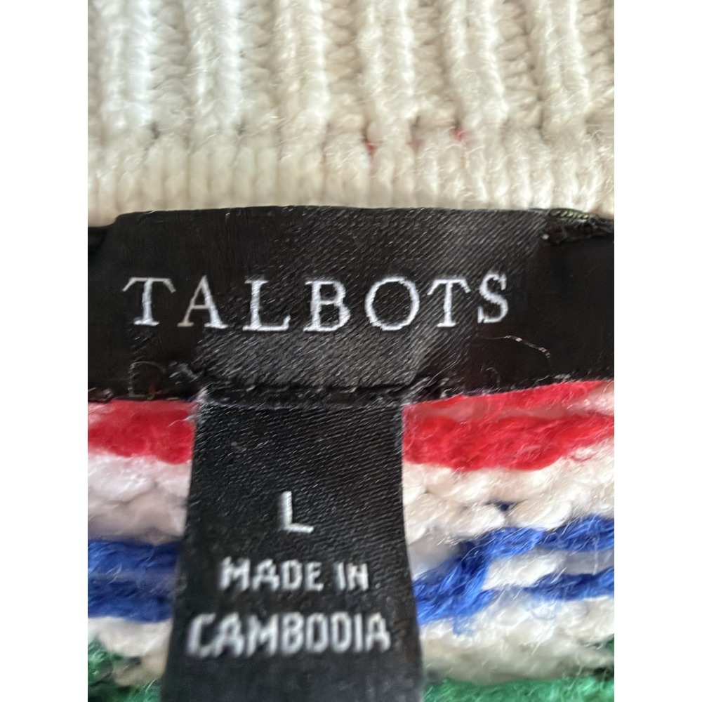 Talbots Rainbow Multicolor Birdseye Puff Sleeve White Cotton Blend Lg Sweater - Picture 5 of 8
